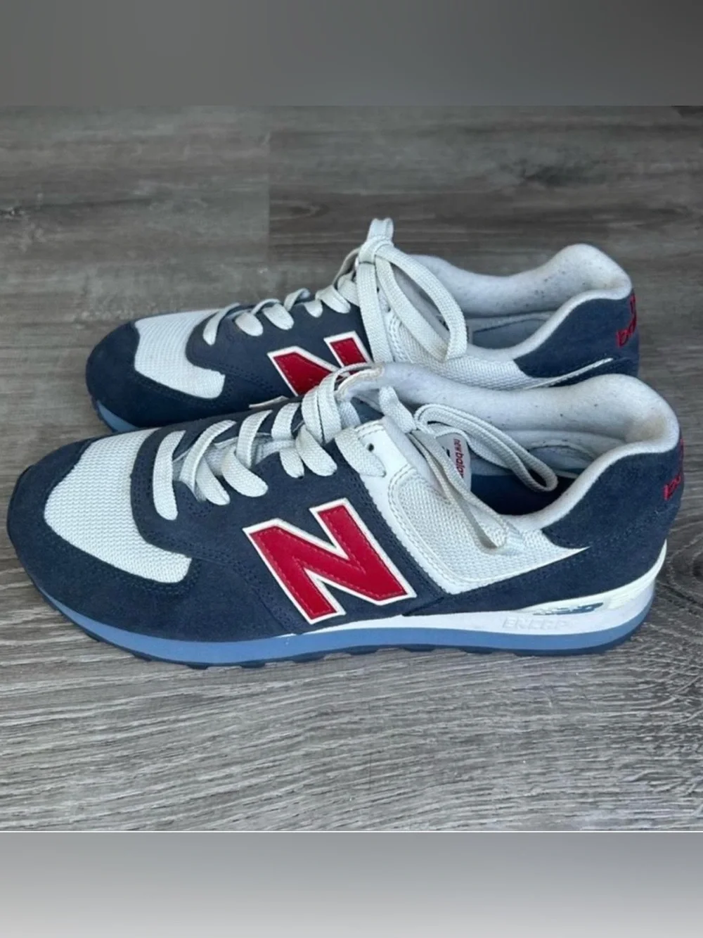 New Balance 574 Men's Gray and Navy Retro Runner with Red Logo